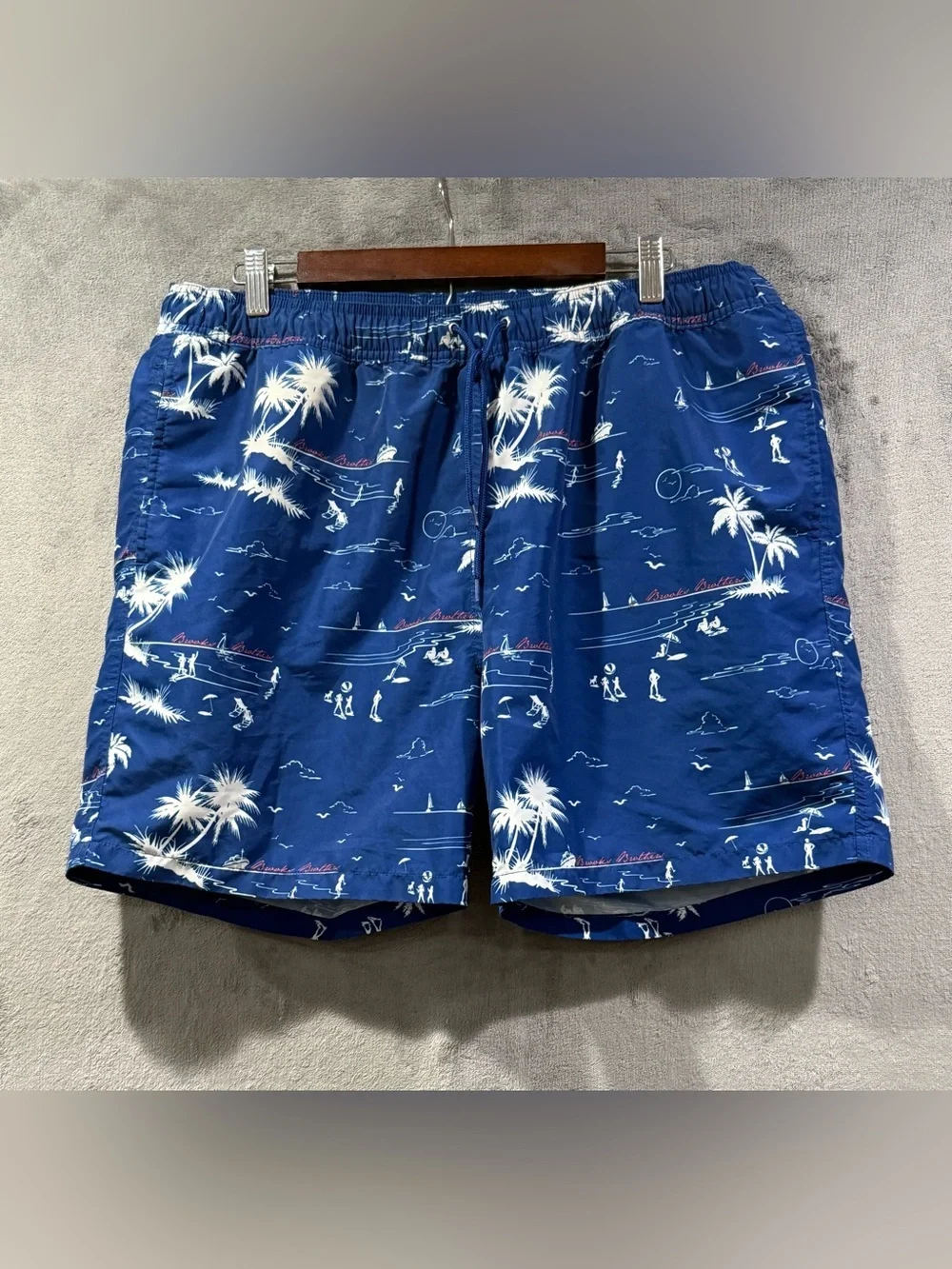 Brooks Brothers Mens Swim Trunks Size L Navy Blue Nautical Sailboat Blueprint